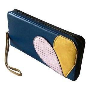 Fossil Leather Long Wallet. Blue with Hand sewn Leather Pedals Size 8” x 4” ECU